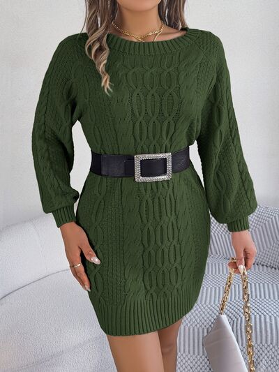 Chic Cable-Knit Sweater Dress with Round Neck