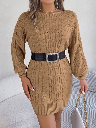 Chic Cable-Knit Sweater Dress with Round Neck