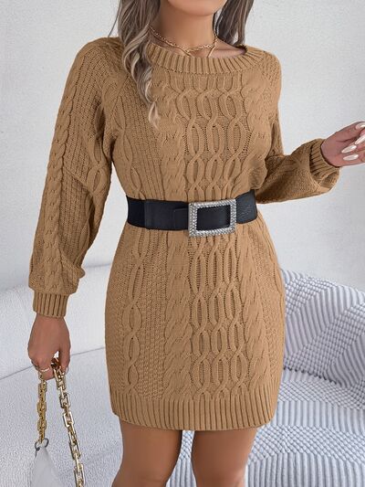 Chic Cable-Knit Sweater Dress with Round Neck