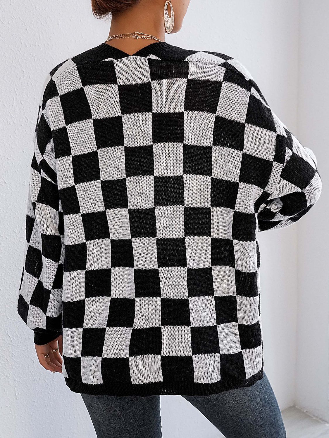 Plaid Open Front Long Sleeve Sweater Cardigan for Women