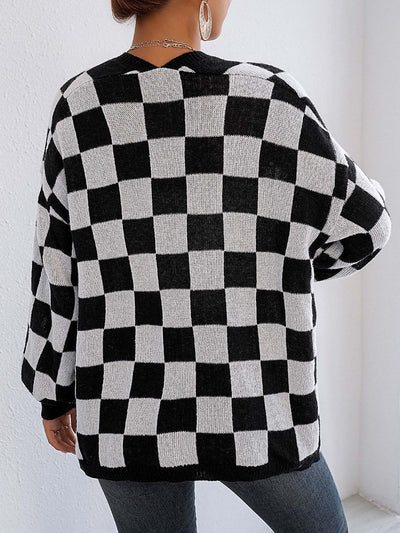 Plaid Open Front Long Sleeve Sweater Cardigan for Women