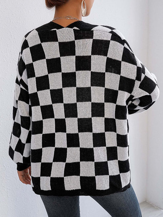Plaid Open Front Long Sleeve Sweater Cardigan for Women