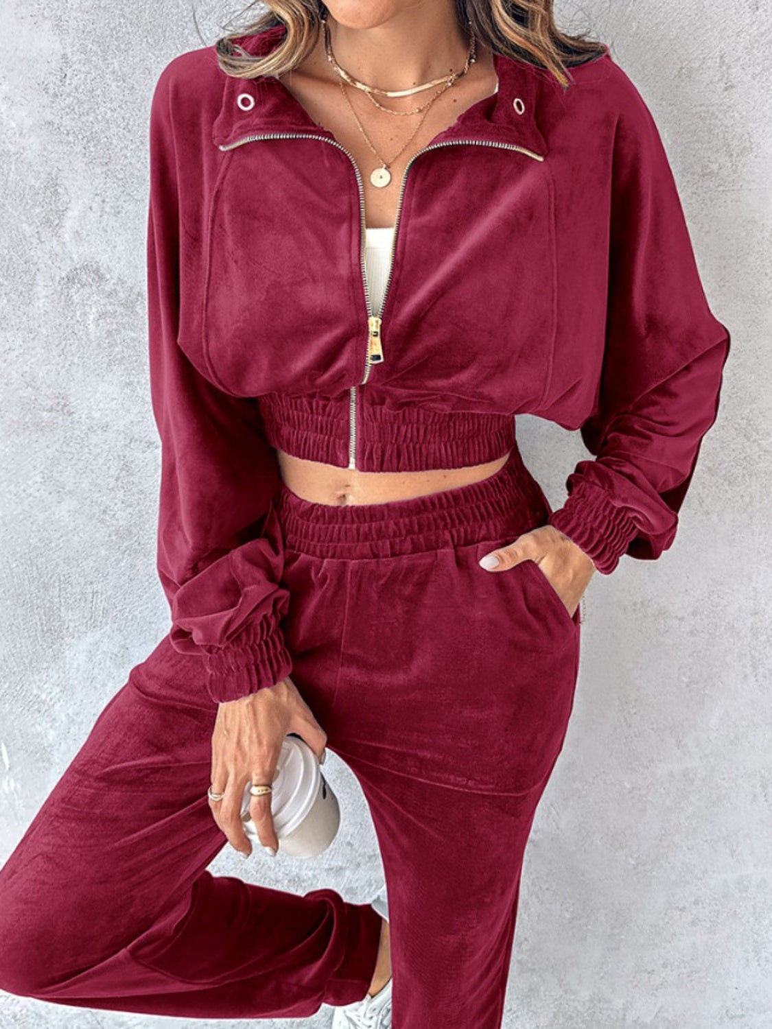 Cropped Zip-Up Long Sleeve Top and Jogger Set for Women