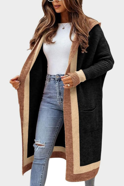 Pocketed Contrast Long Sleeve Hooded Cardigan for Women