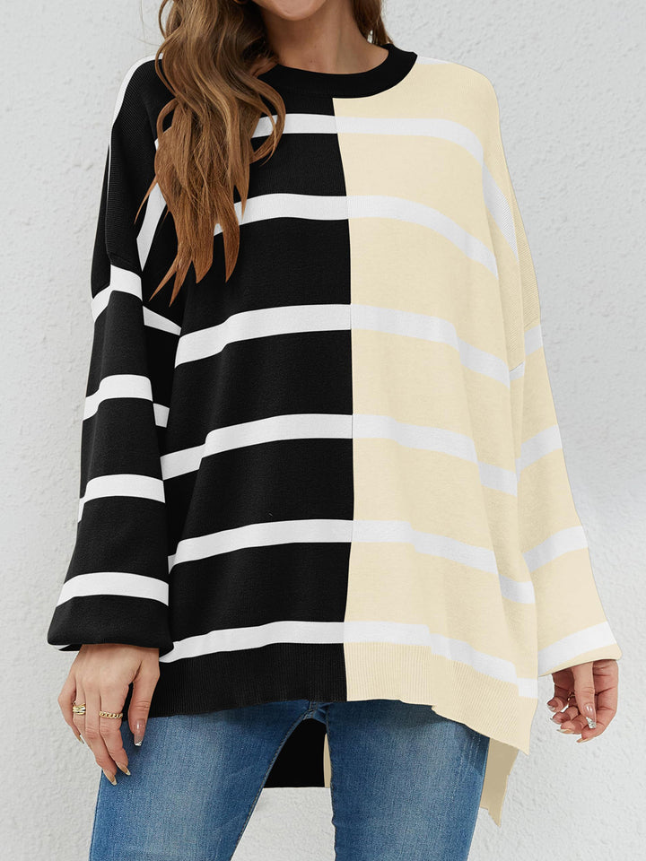 Chic Striped Knit Sweater with Round Neck and Long Sleeves