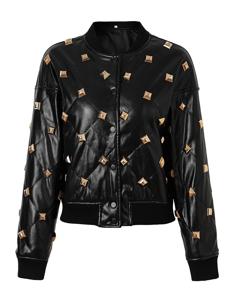 Chic Women's Rivet-Embellished Leather Jacket for Autumn-Winter