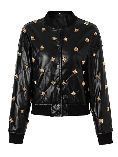 Chic Women's Rivet-Embellished Leather Jacket for Autumn-Winter