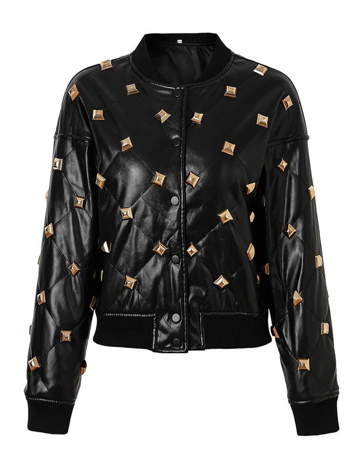 Chic Women's Rivet-Embellished Leather Jacket for Autumn-Winter - Fashionable Stand Collar with Buckle and Distinctive Details