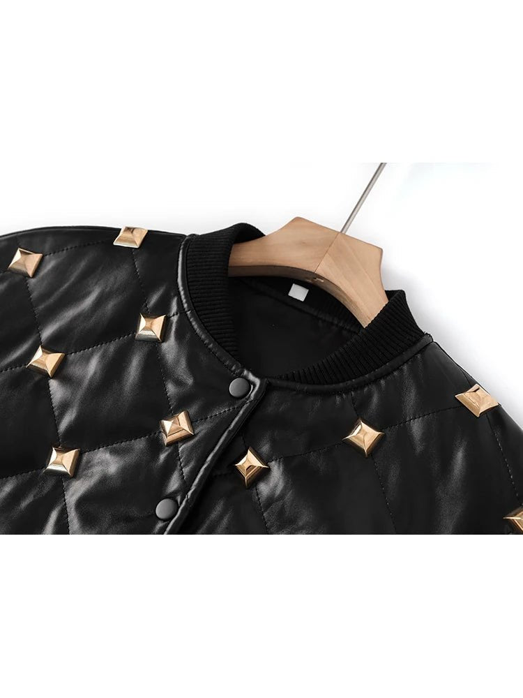 Chic Women's Rivet-Embellished Leather Jacket for Autumn-Winter - Fashionable Stand Collar with Buckle and Distinctive Details