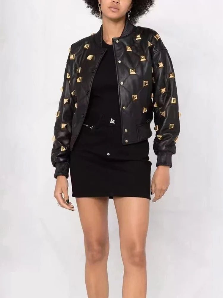 Chic Women's Rivet-Embellished Leather Jacket for Autumn-Winter - Fashionable Stand Collar with Buckle and Distinctive Details