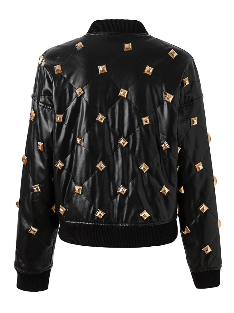 Chic Women's Rivet-Embellished Leather Jacket for Autumn-Winter - Fashionable Stand Collar with Buckle and Distinctive Details