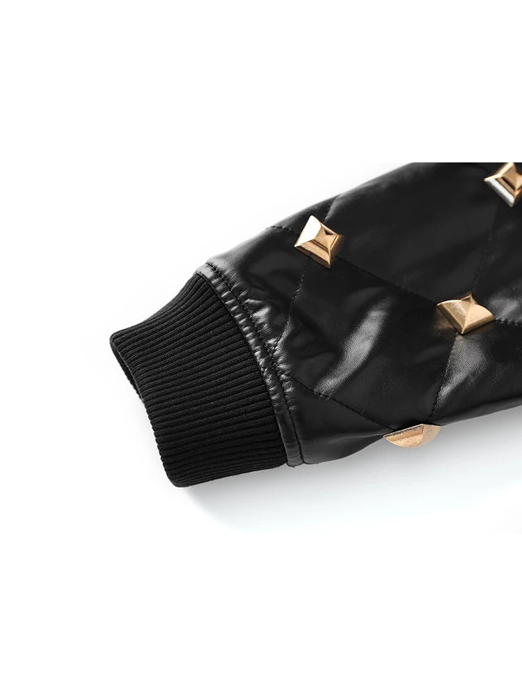 Chic Women's Rivet-Embellished Leather Jacket for Autumn-Winter