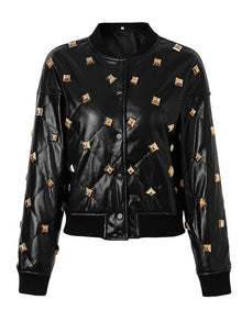 Chic Women's Rivet-Embellished Leather Jacket for Autumn-Winter