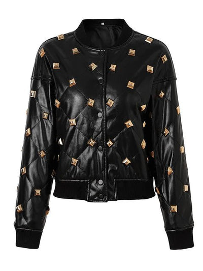 Chic Women's Rivet-Embellished Leather Jacket for Autumn-Winter