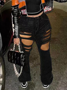 Chic Red Distressed High-Waist Flared Denim Trousers