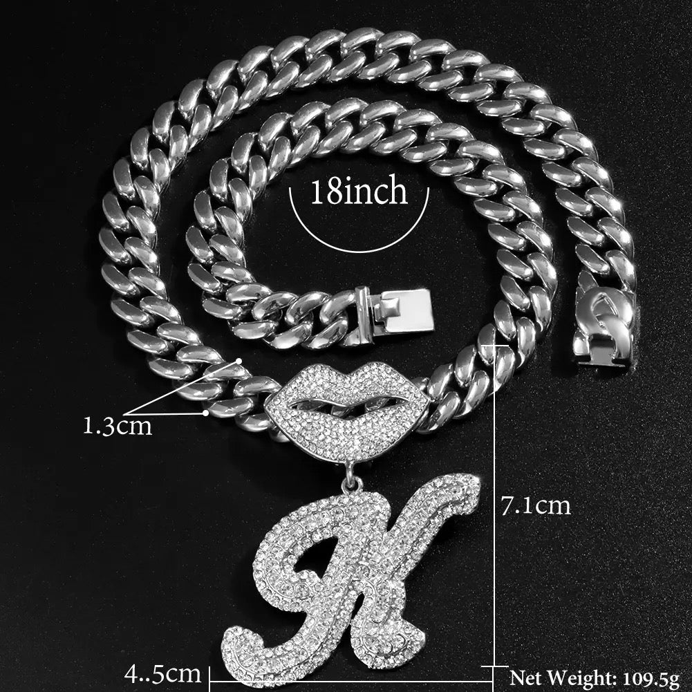 Complete Set: 13MM Curb Cuban Chain Bling Mouth Letter Pendant Necklace with Matching Anklet – Perfect for Women's Stylish Coordination