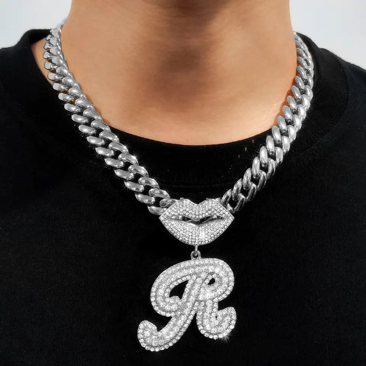 Complete Set: 13MM Curb Cuban Chain Bling Mouth Letter Pendant Necklace with Matching Anklet – Perfect for Women's Stylish Coordination