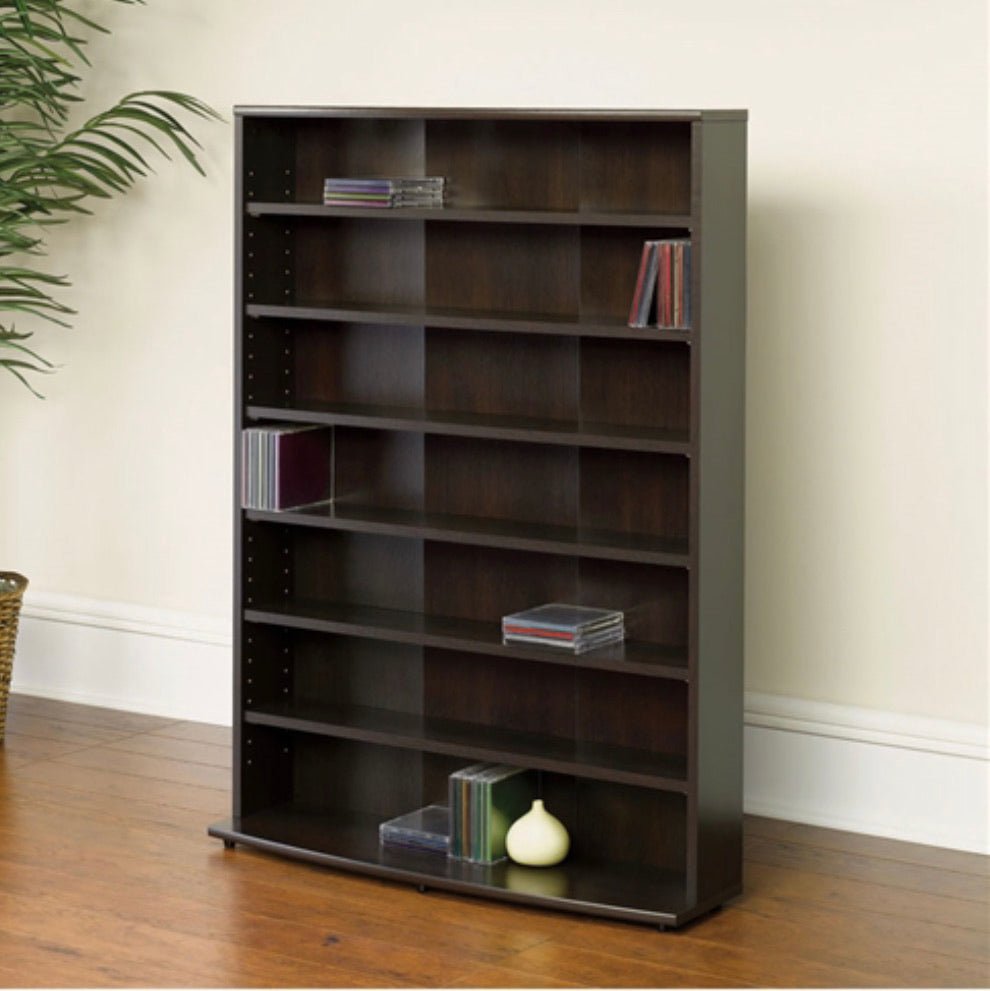 Contemporary 6-Shelf Bookcase Multimedia Storage Rack Tower in Brown Finish