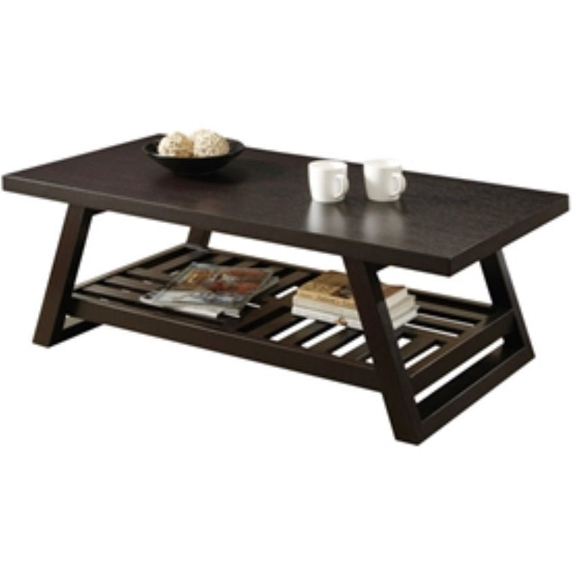 Contemporary Coffee Table with Slatted Bottom Shelf in Rich Brown