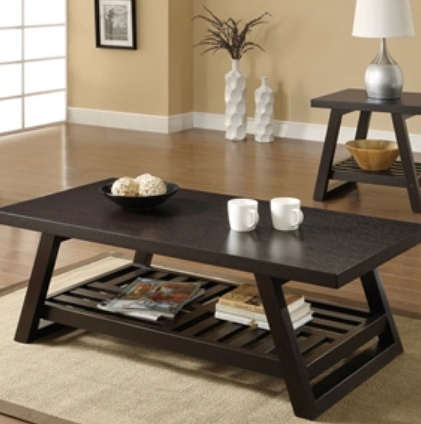 Contemporary Coffee Table with Slatted Bottom Shelf in Rich Brown