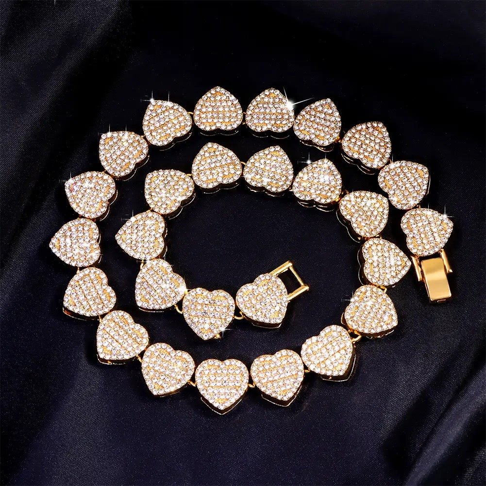 Crystal-Embellished Heart Pendant Tennis Chain and Bracelet Set for Women