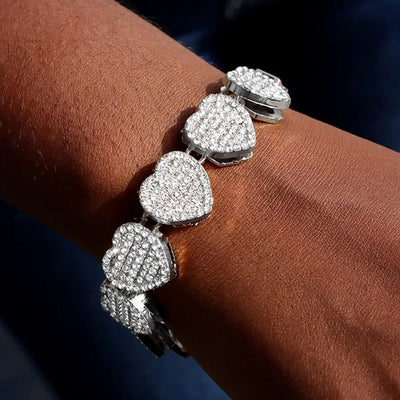 Crystal-Embellished Heart Pendant Tennis Chain and Bracelet Set for Women