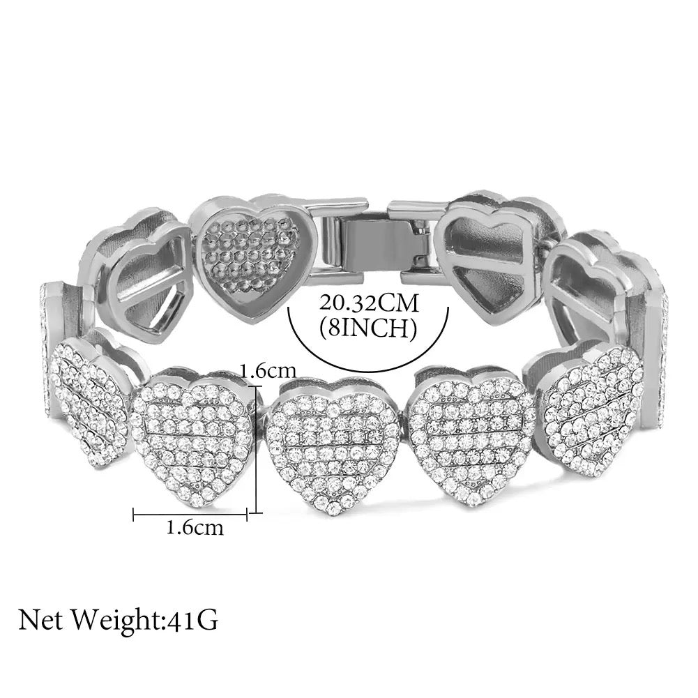 Crystal-Embellished Heart Pendant Tennis Chain and Bracelet Set for Women