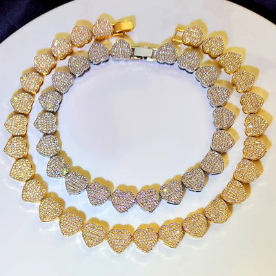 Crystal-Embellished Heart Pendant Tennis Chain and Bracelet Set for Women