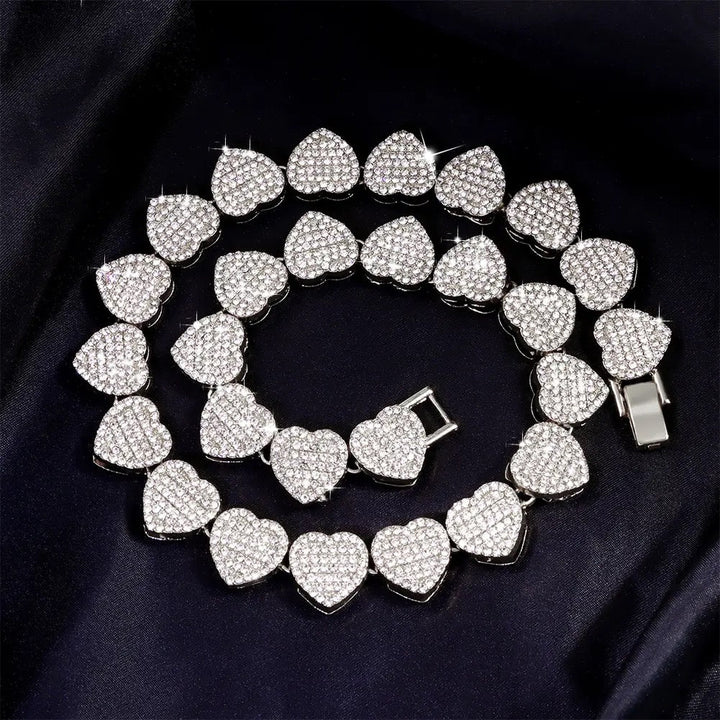 Crystal-Embellished Heart Pendant Tennis Chain and Bracelet Set for Women