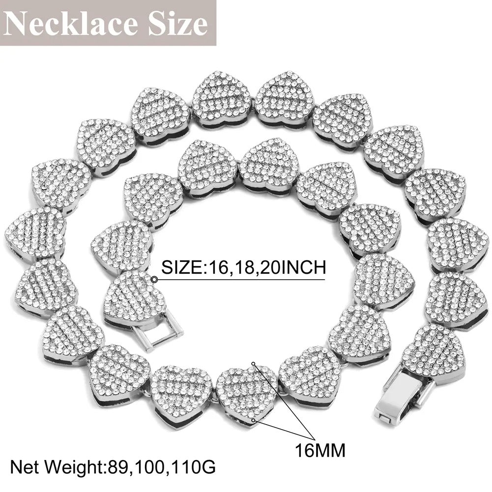 Crystal-Embellished Heart Pendant Tennis Chain and Bracelet Set for Women