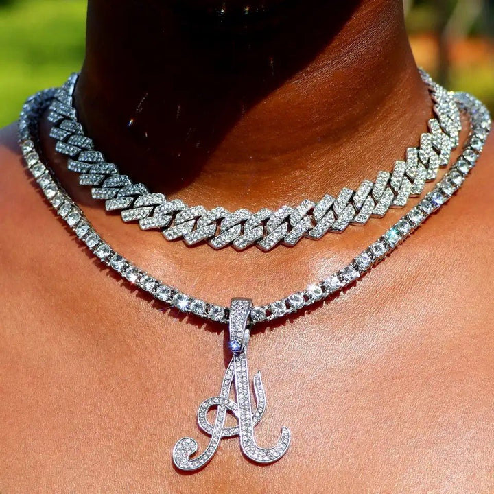 Crystal Initials Iced Out Tennis Chain Necklace - Set