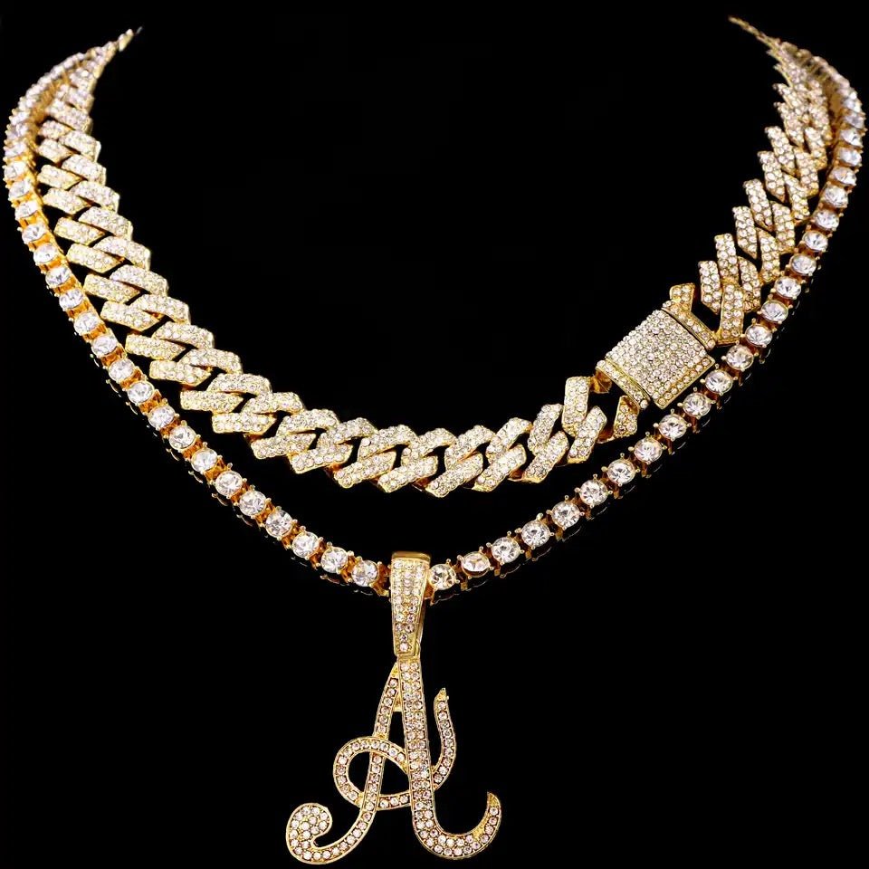 Crystal Initials Iced Out Tennis Chain Necklace - Set