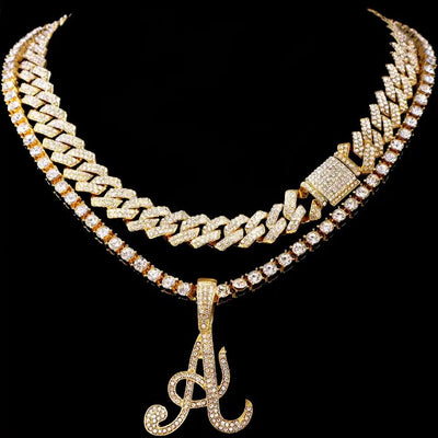 Crystal Initials Iced Out Tennis Chain Necklace - Set