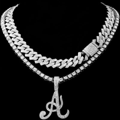 Crystal Initials Iced Out Tennis Chain Necklace - Set