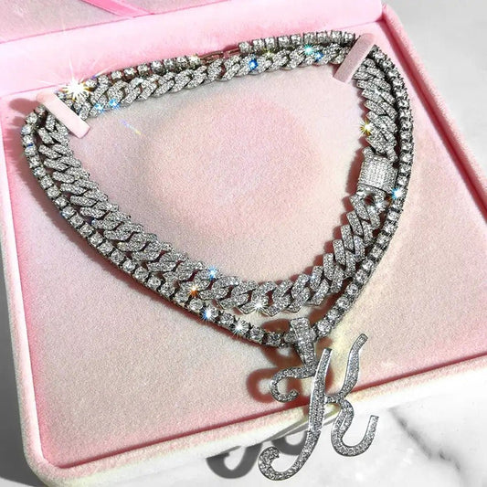 Crystal Initials Iced Out Tennis Chain Necklace - Set