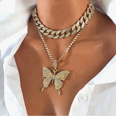 Cuban Butterfly Double Layer Necklace For Women Elegant Statement Jewelry Gold Tone