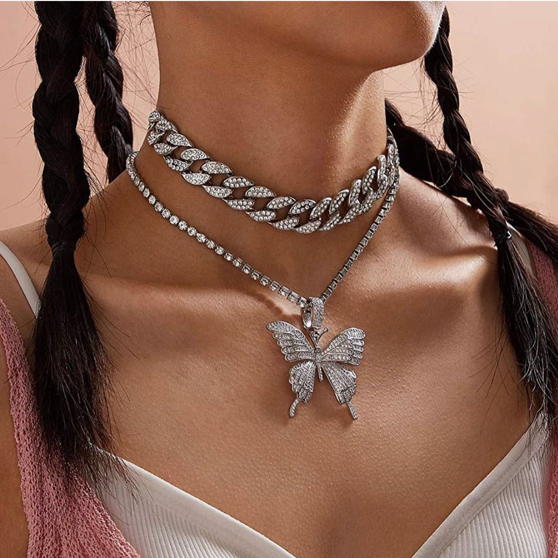 Cuban Butterfly Double Layer Necklace For Women Elegant Statement Jewelry Gold Tone