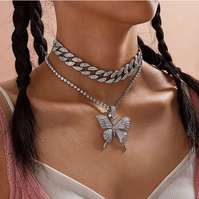 Cuban Butterfly Double Layer Necklace For Women Elegant Statement Jewelry Gold Tone