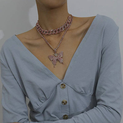 Cuban Butterfly Double Layer Necklace For Women Elegant Statement Jewelry Gold Tone