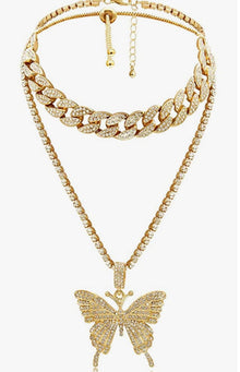Cuban Butterfly Double Layer Necklace For Women Elegant Statement Jewelry Gold Tone