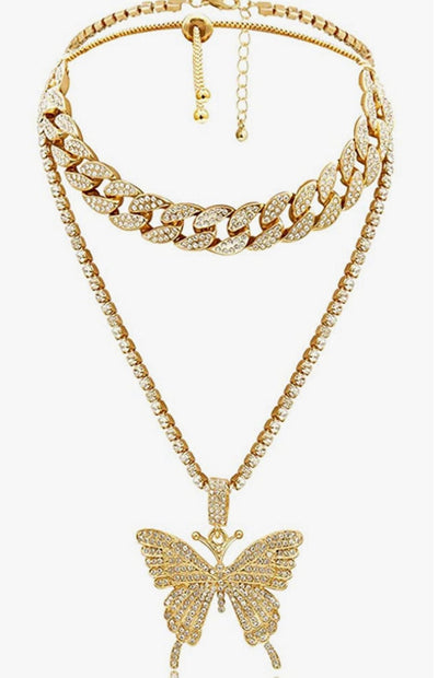 Cuban Butterfly Double Layer Necklace For Women Elegant Statement Jewelry Gold Tone