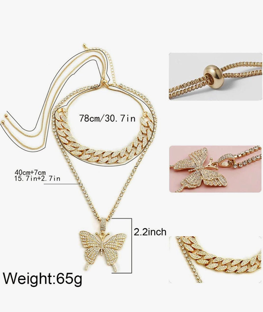 Cuban Butterfly Double Layer Necklace For Women Elegant Statement Jewelry Gold Tone