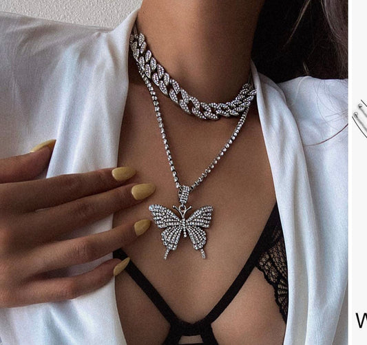 Cuban Butterfly Double Layer Necklace For Women Elegant Statement Jewelry Gold Tone