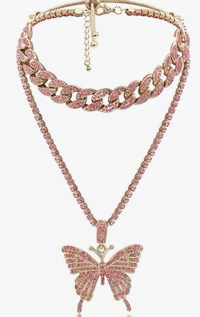 Cuban Butterfly Double Layer Necklace For Women Elegant Statement Jewelry Gold Tone