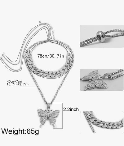 Cuban Butterfly Double Layer Necklace For Women Elegant Statement Jewelry Gold Tone
