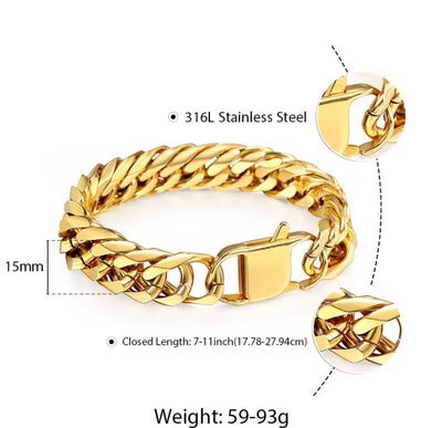 15mm gold Cuban link bracelet size and material details