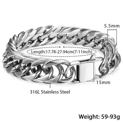 15mm silver Cuban link bracelet size and material details