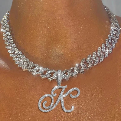 Cursive Letter Cuban Chain Necklace Initial Pendant Personalized Jewelry For Men And Women