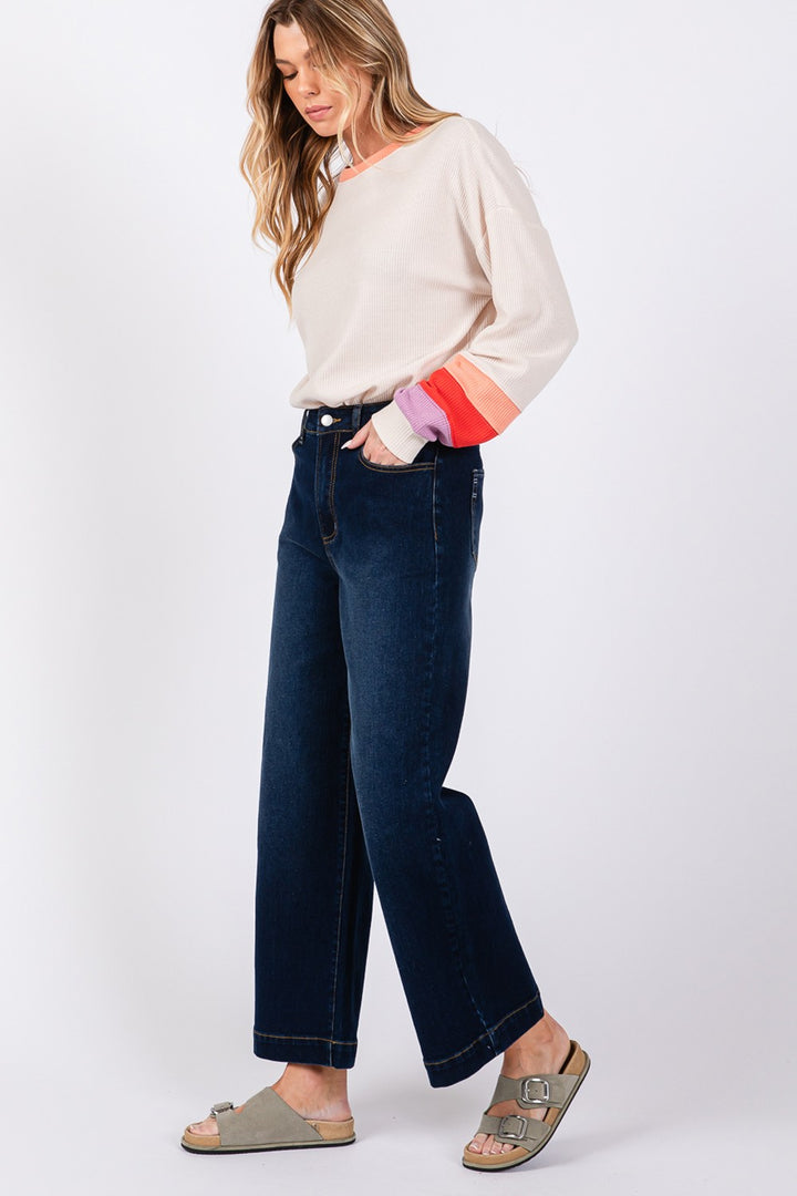 Chic High Rise Wide Leg Denim Trousers