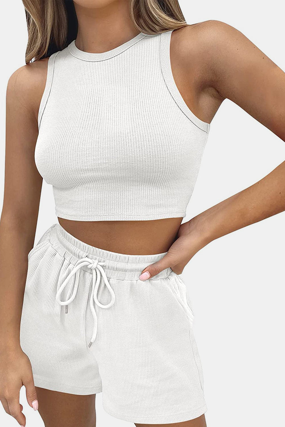 Stylish Round Neck Lounge Set with Adjustable Shorts Set